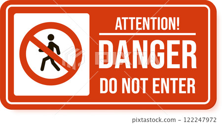 Orange rectangular sign with white borders displays a no pedestrian access symbol, indicating potential danger and restricted entry, with attention., danger, and do not enter written in white Orange rectangular sign with white borders displays a no pedestrian access symbol, indicating potential danger and restricted entry, with attention., danger, and do not enter written in white 122247972