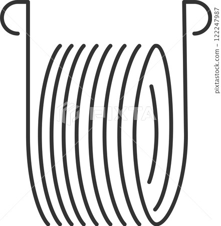 Continuous line drawing depicting a tensioned metal coil spring that elegantly forms a parabola, set against a clean white background, emphasizing its geometric simplicity and industrial design 122247987