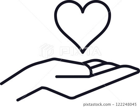 Open hand holding a heart shape, symbolizing love, care, charity, donation, healthcare, and offering help and support, simple line art vector icon Open hand holding a heart shape, symbolizing love, care, charity, donation, healthcare, and offering help and support, simple line art vector icon 122248045