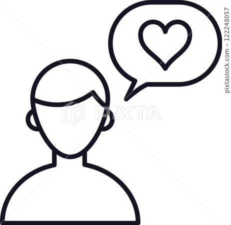 Simple, minimalist line art icon of a person with speech bubble containing a heart, symbolizing love, kindness, affection, romance, positive emotions, and good relationships Simple, minimalist line art icon of a person with speech bubble containing a heart, symbolizing love, kindness, affection, romance, positive emotions, and good relationships 122248057