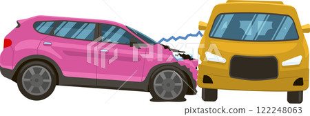 Two cars involved in a traffic accident, a pink SUV crashing into a yellow car, causing visible damage to both vehicles, illustrating a road collision Two cars involved in a traffic accident, a pink SUV crashing into a yellow car, causing visible damage to both vehicles, illustrating a road collision 122248063
