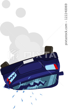 Broken car flipped upside down after a road accident, smoke is coming out from under the hood, the rear window is broken and glass shards are scattered on the ground Broken car flipped upside down after a road accident, smoke is coming out from under the hood, the rear window is broken and glass shards are scattered on the ground 122248069