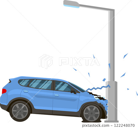 Car accident involving a damaged vehicle crashing into a street light pole, depicting an unpleasant and dangerous situation on a city road in vector illustration 122248070