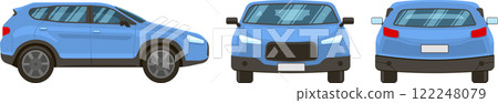Featuring three vector illustrations of a light blue generic SUV, presenting front, rear, and side views, all isolated against a clean white background for clarity and focus Featuring three vector illustrations of a light blue generic SUV, presenting front, rear, and side views, all isolated against a clean white background for clarity and focus 122248079