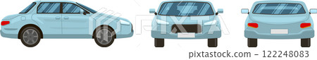 Featuring three vector illustrations showcasing front, rear, and side views of a generic light blue car, all isolated against a clean white background 122248083