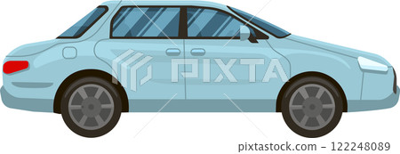 Light blue four door sedan parked on a white background, showcasing a sleek side view. Highlighting modern design elements, this vehicle represents contemporary urban transportation Light blue four door sedan parked on a white background, showcasing a sleek side view. Highlighting modern design elements, this vehicle represents contemporary urban transportation 122248089