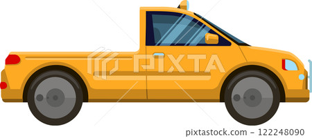 Modern yellow pickup truck showing left side view with two doors and empty trunk is parked on white background, representing transportation, delivery, and urban logistics 122248090