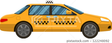 Classic yellow taxi cab featuring distinctive checkered decoration, isolated on a white background, symbolizing urban transportation and efficient passenger service in the city 122248092