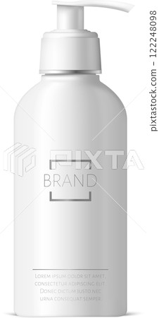 Realistic white plastic cosmetic bottle with pump dispenser containing beauty product, shampoo, soap, lotion or moisturizer, isolated on white background 122248098