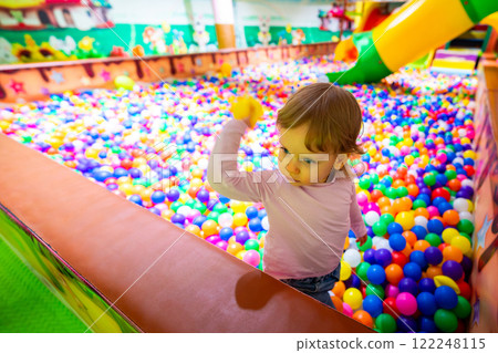 A happy child interacting with colorful balls in a vibrant indoor playground. A happy child interacting with colorful balls in a vibrant indoor playground. 122248115