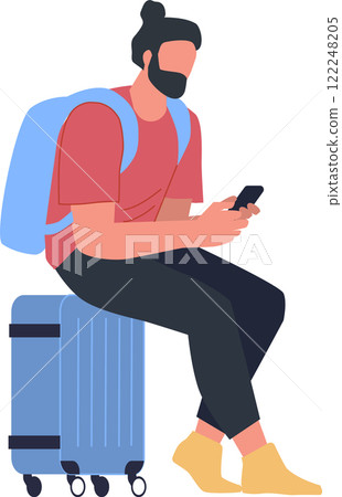 Young bearded tourist with backpack sitting on suitcase using smartphone waiting for boarding, travel and tourism concept, flat vector illustration isolated on white background 122248205