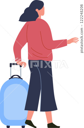 Businesswoman pulling a trolley suitcase through the airport, preparing for an upcoming business trip or vacation, embodying the spirit of travel and tourism Businesswoman pulling a trolley suitcase through the airport, preparing for an upcoming business trip or vacation, embodying the spirit of travel and tourism 122248206