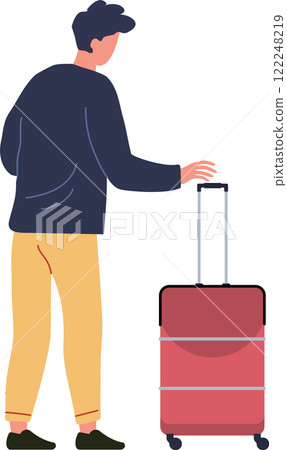 Businessman walking with his trolley luggage at the airport terminal, going to boarding gate, business trip or vacation concept, simple flat vector illustration on white background Businessman walking with his trolley luggage at the airport terminal, going to boarding gate, business trip or vacation concept, simple flat vector illustration on white background 122248219