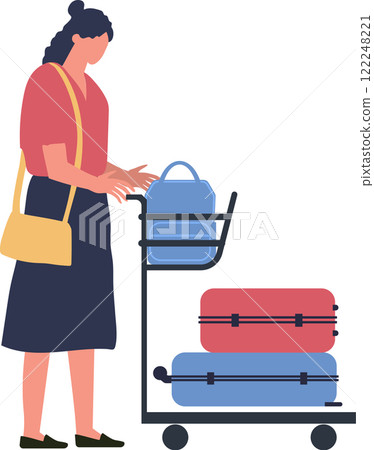 Tourist woman pushing a luggage trolley filled with suitcases and a backpack at the airport terminal, getting ready for departure or arrival while navigating through the bustling space 122248221