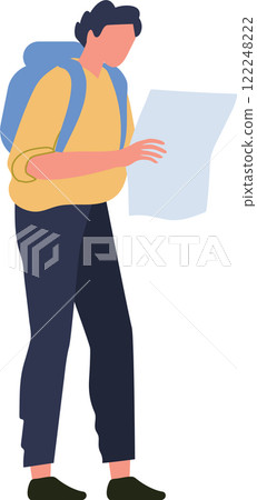 Tourist consulting a map while navigating through a new city, dressed in casual clothing and carrying a backpack, enjoying the adventure of travel and exploration 122248222
