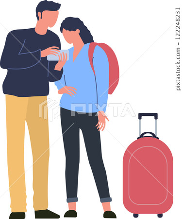 Tourists are looking at smartphone, planning their trip or searching for information, standing next to their trolley luggage at the airport Tourists are looking at smartphone, planning their trip or searching for information, standing next to their trolley luggage at the airport 122248231