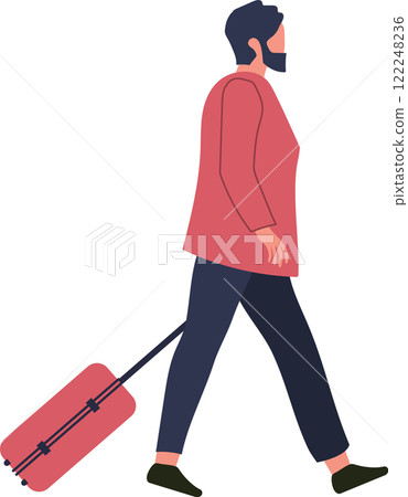 Businessman pulling rolling suitcase at airport terminal, business travel, passenger walking with luggage, business trip concept, flat vector illustration isolated on white background Businessman pulling rolling suitcase at airport terminal, business travel, passenger walking with luggage, business trip concept, flat vector illustration isolated on white background 122248236