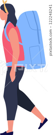 Young woman tourist is walking with backpack enjoying summer vacation, travelling and backpacking concept, flat vector illustration isolated on white background 122248241