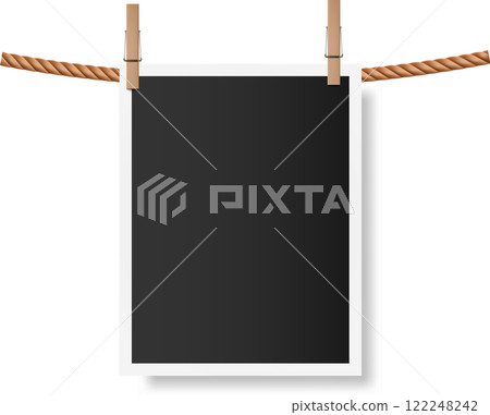 Blank instant photo featuring a white frame, hanging on a clothesline with clothespins, isolated against a white background, casting a soft shadow for a clean, minimal look Blank instant photo featuring a white frame, hanging on a clothesline with clothespins, isolated against a white background, casting a soft shadow for a clean, minimal look 122248242