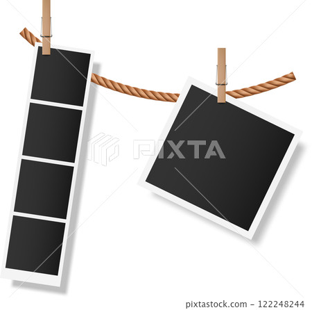 Photo booth style print and blank instant photo are hanging on a clothesline attached with wooden clothespins, creating a vintage and nostalgic feel perfect for showcasing memories or designs 122248244