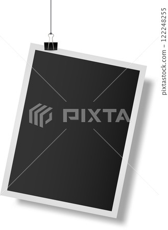 Photo frame hanging with binder clip isolated on white background is creating a vintage memories template with empty black space for your design 122248255