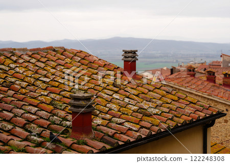 Weathered rooftop with chimneys and distant hills 122248308
