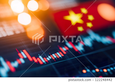 Chinese stock market analysis with flag and financial graphs. 122248442