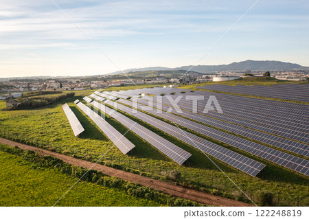 Drone shot of solar panels installed on Drone shot of solar panels installed on 122248819