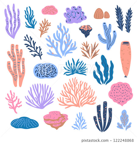 Big set of coral and seaweed isolated design elements. Hand-drawn cute cartoon vector illustration. Big set of coral and seaweed isolated design elements. Hand-drawn cute cartoon vector illustration. 122248868