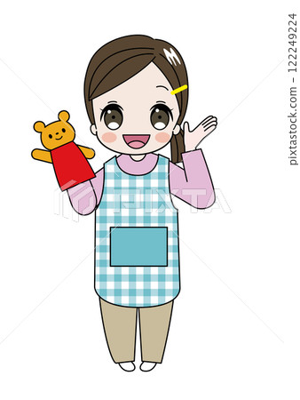 幼兒園老師和幼兒園老師微笑著拿著熊手指木偶的插圖 幼兒園老師和幼兒園老師微笑著拿著熊手指木偶的插圖 122249224