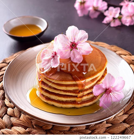 美味的薄煎餅配櫻桃糖漿 122249667