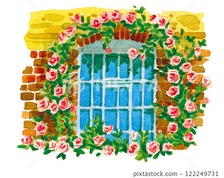 Watercolor: Window with many roses 122249731
