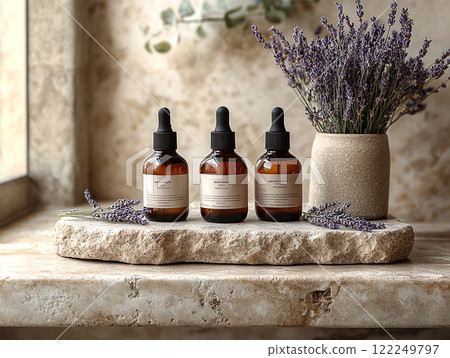 內襯薰衣草和玻璃瓶的天然保養品 122249797