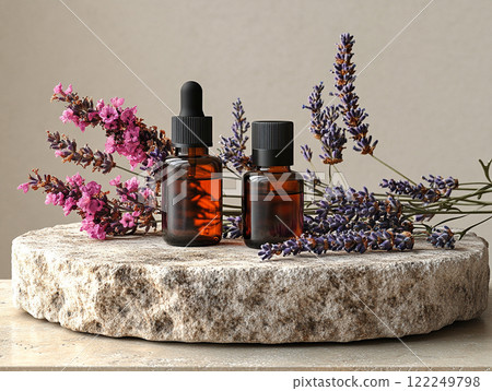 內襯薰衣草和玻璃瓶的天然保養品 內襯薰衣草和玻璃瓶的天然保養品 122249798