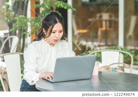 A businesswoman doing nomad work/remote work on the terrace of a cafe (shock/surprise/trouble) A businesswoman doing nomad work/remote work on the terrace of a cafe (shock/surprise/trouble) 122249874