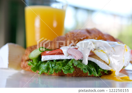 Healthy and low calorie breakfast, Croissants prepared with ham, white cheese and lettuce, camera movement pan right Healthy and low calorie breakfast, Croissants prepared with ham, white cheese and lettuce, camera movement pan right 122250155