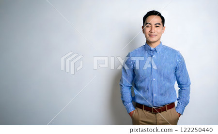 White background: Man wearing a blue jacket 122250440