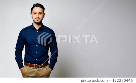 White background: Man wearing a blue jacket 122250446