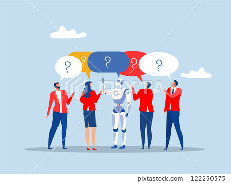 team communication,business people discussing work in meeting with speech bubbles,Discussion, conversation or brainstorming for idea, meeting, debate,question mark opinion concept, 122250575
