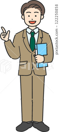 Full-body illustration of a young businessman/teacher holding a file and pointing 122250858