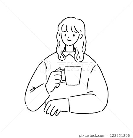 Woman holding a mug, line drawing 122251296