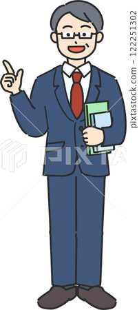 A full-body illustration of a veteran businessman/teacher holding a book and pointing A full-body illustration of a veteran businessman/teacher holding a book and pointing 122251302