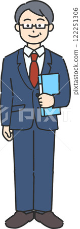 Full-body illustration of a veteran businessman/teacher standing with a file 122251306