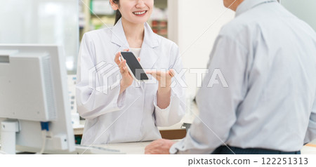 A woman who is a pharmacist/dispenser explaining a smartphone app to elderly/middle-aged men at a pharmacy (medication guidance) 122251313