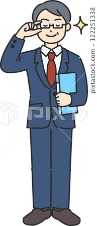 A full-body illustration of a veteran businessman/teacher looking confident while holding a file A full-body illustration of a veteran businessman/teacher looking confident while holding a file 122251338