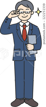 A full-body illustration of a confident veteran businessman/teacher holding a laptop 122251339