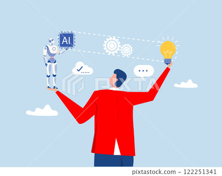businessman connect plug with lightbulb idea to ai Artificial Intelligence. or processing chip into human brain with Light bulb development innovation concept vector 122251341