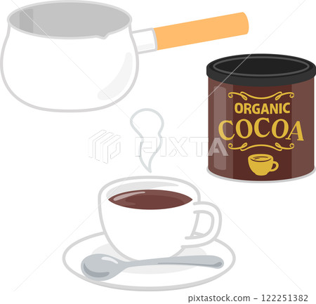 Can of cocoa powder, teacup and small pot Can of cocoa powder, teacup and small pot 122251382