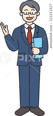 A full-body illustration of a veteran businessman/teacher guiding with a file A full-body illustration of a veteran businessman/teacher guiding with a file 122251427