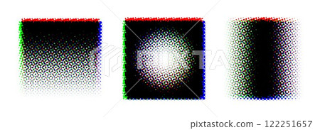 Square halftone gradient background set. RGB textured pixelated rectangle gradation. RGB color dotted fading shapes. Grunge ink press splash stains and blots. Print production raster glitch. Vector Square halftone gradient background set. RGB textured pixelated rectangle gradation. RGB color dotted fading shapes. Grunge ink press splash stains and blots. Print production raster glitch. Vector 122251657